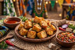 Roasted new yam served with palm oil and pepper sauce
