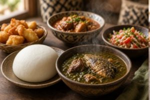 Tuwo shinkafa served with steaming miyan kuka