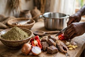 Hausa foods including tuwo shinkafa and miyan kuka served traditionally