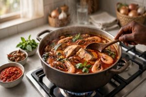 Niger Delta seafood soup cooking with fish, prawns and vegetables