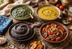 A beautiful spread of classic Yoruba dishes including amala, ewedu, gbegiri and pepper stew.