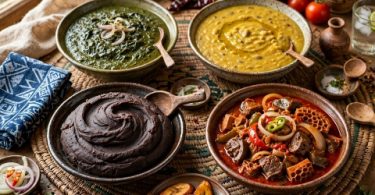 A beautiful spread of classic Yoruba dishes including amala, ewedu, gbegiri and pepper stew.