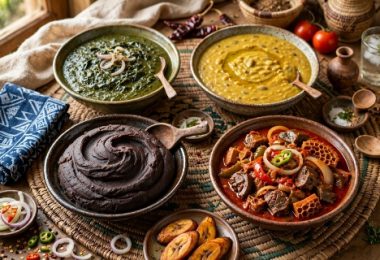 A beautiful spread of classic Yoruba dishes including amala, ewedu, gbegiri and pepper stew.