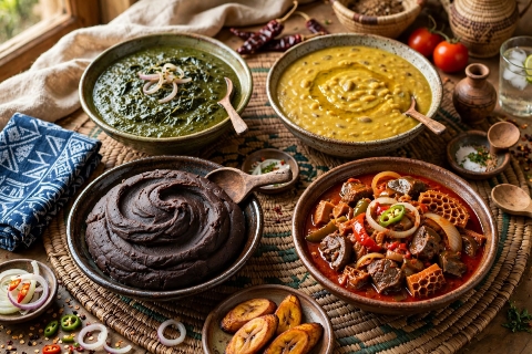 A beautiful spread of classic Yoruba dishes including amala, ewedu, gbegiri and pepper stew.